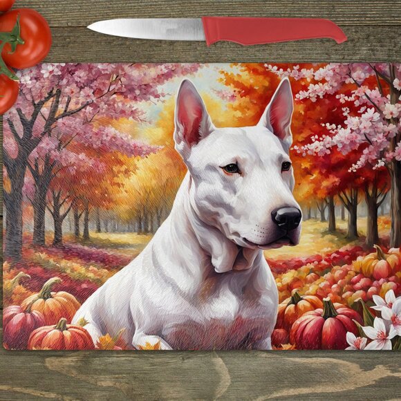 Bullterrier Dog Fall Kitchen Textured Tempered Glass Trivet/Cutting Board - Picture 1 of 2